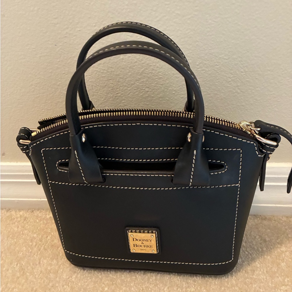 Mini Dooney & Bourke Black Leather Crossbody Satchel with White Stitching